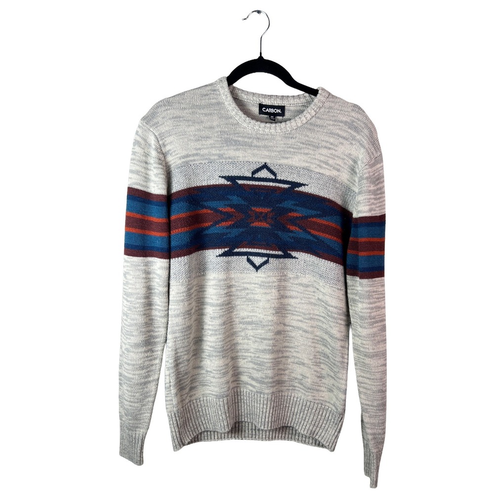 Carbon Mens Medium Gray Southwestern Geometric Knit Crewneck Sweater Pullover